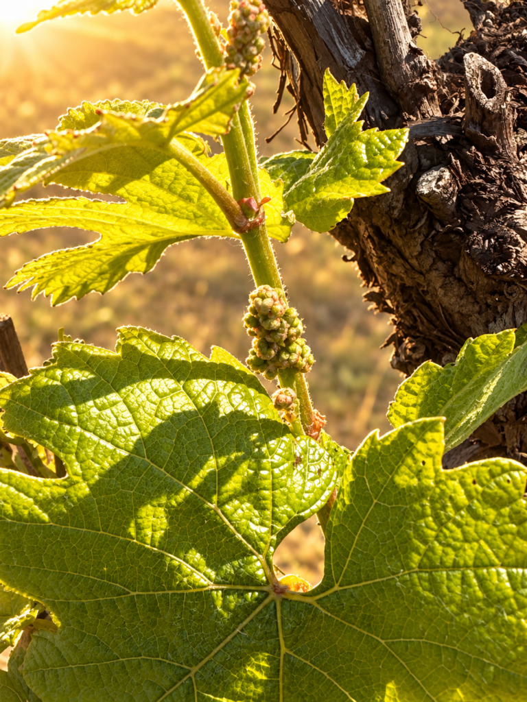 Up close, the promise of a new vintage, fresh growth and tiny developing flower clusters beginning to emerge on the vines.