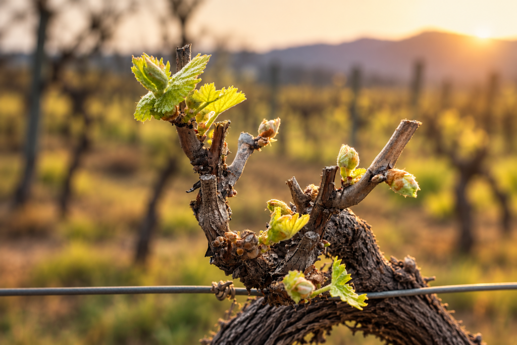 Spring budburst at Jester Hill Wines, with fresh green shoots emerging from the grapevines in Queensland’s Granite Belt.